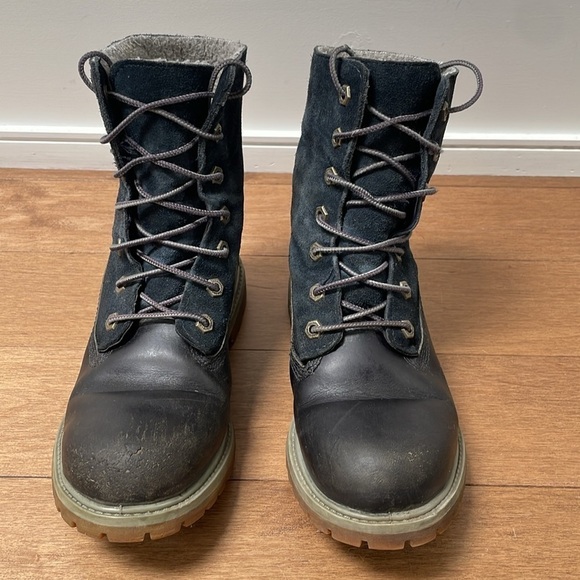 Timberland Waterproof Warm gray Teddy fleece Lined Boots navy blue leather sz 7 - Picture 4 of 10
